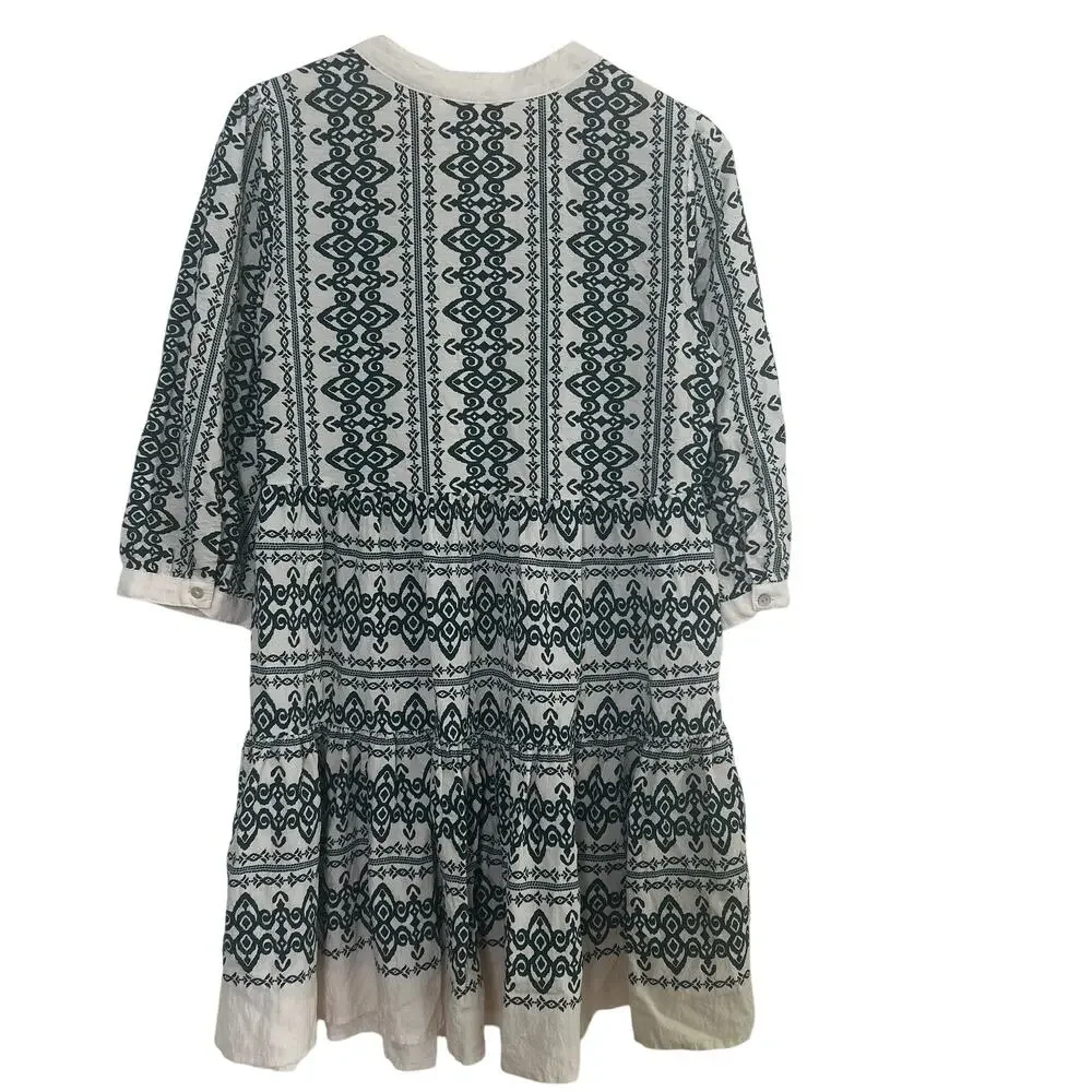 Fig & Flower Dress Boho Cream Green Tiered Knee Length SZ M Anthropologie Derby - Picture 6 of 9